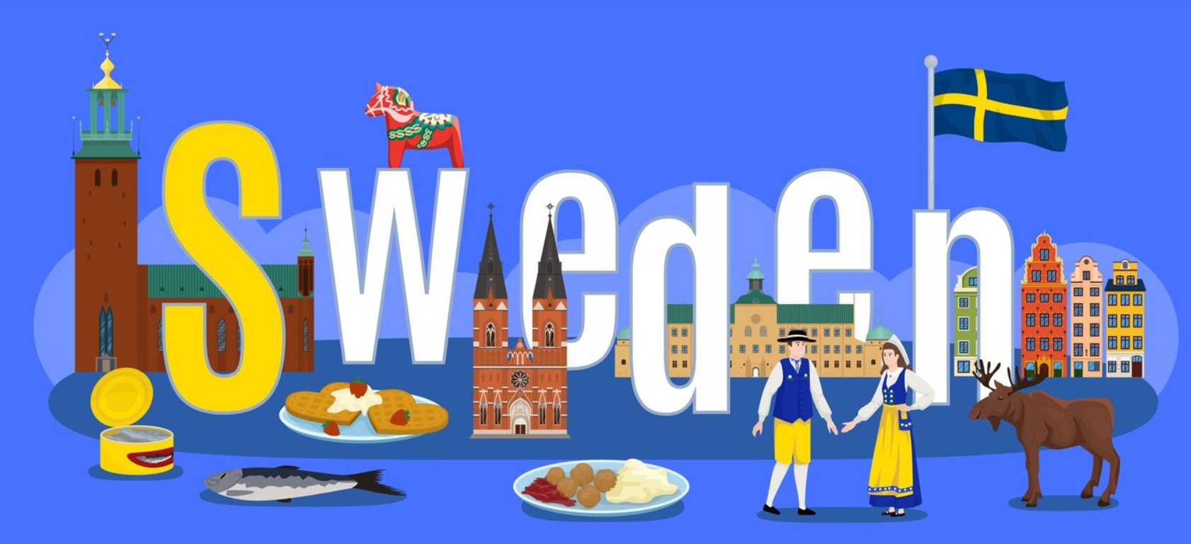An image with a blue background with the word Sweden and some of its famous traditions