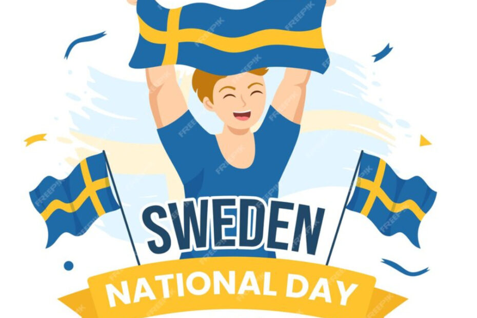 An image of a man holding the Sweden flag with a big smile on his face