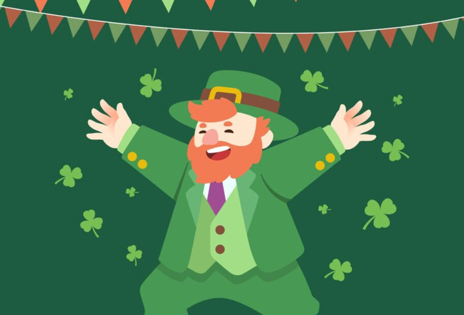 An image of a tiny man celebrating while wearing all green and the picture background is green as well.