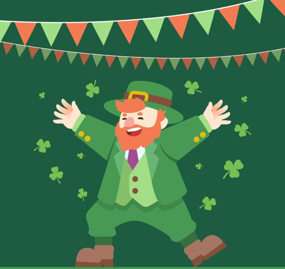 An image of a tiny man celebrating while wearing all green and the picture background is green as well.