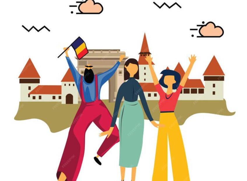 Three people celebrating and holding Romania flag.