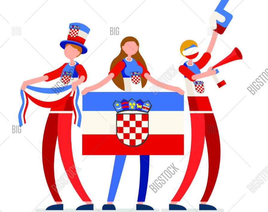 An image of three people wearing cloth the same colors of Croatia flag the one in the middle is holding Croatia flag