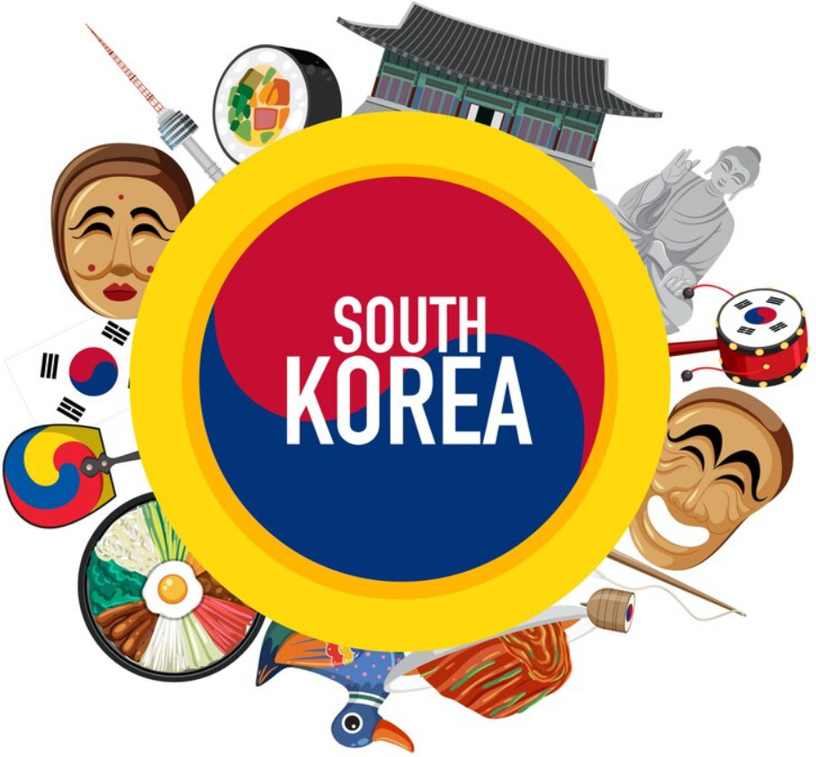 An image of South Korea Flag surrounded by icons referring to the country most known traditions.