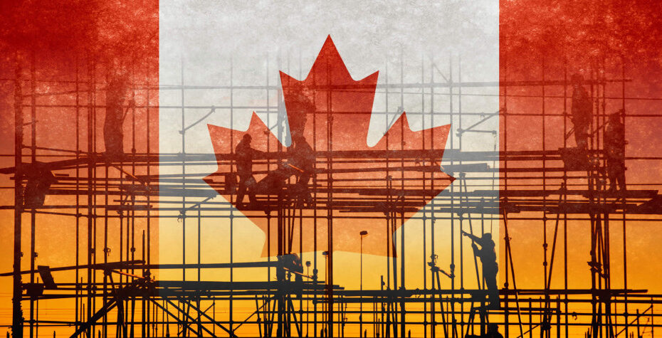 An image of construction workers on scaffolding, silhouetted against a sunset. The scene is overlaid with a transparent Canadian flag, with the red and white colors and maple leaf clearly visible. The combination suggests themes of building and development in Canada.