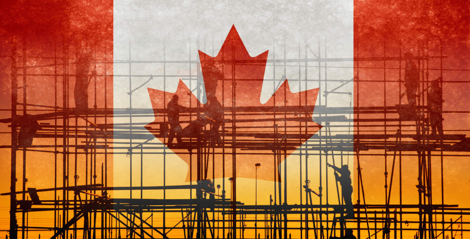An image of construction workers on scaffolding, silhouetted against a sunset. The scene is overlaid with a transparent Canadian flag, with the red and white colors and maple leaf clearly visible. The combination suggests themes of building and development in Canada.