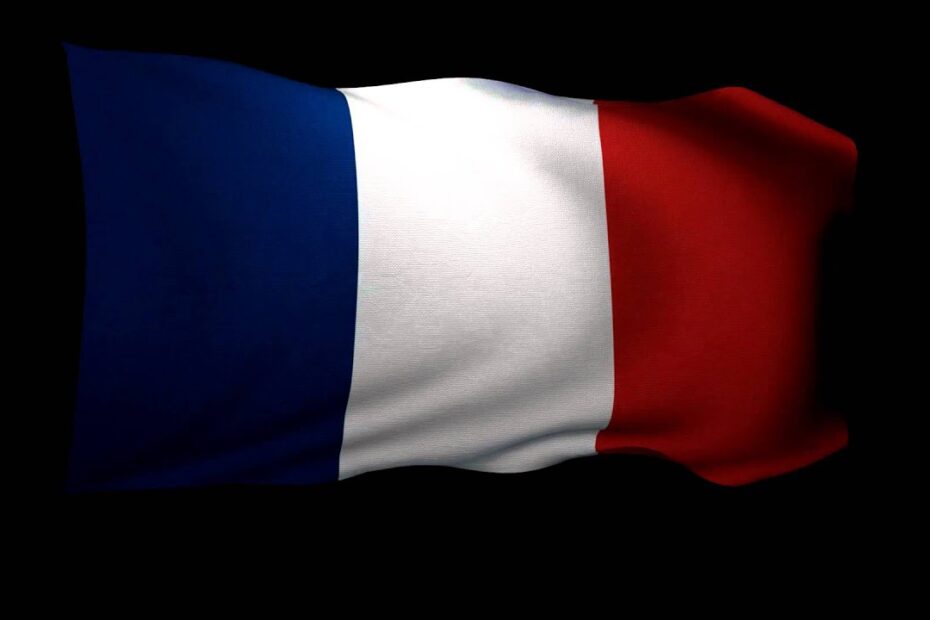 A close-up image of a fabric flag featuring three vertical stripes: blue on the left, white in the middle, and red on the right. The fabric appears smooth with gentle waves, giving it a dynamic and flowing appearance. The background is pitch black, highlighting the vibrant colors of the French national flag.