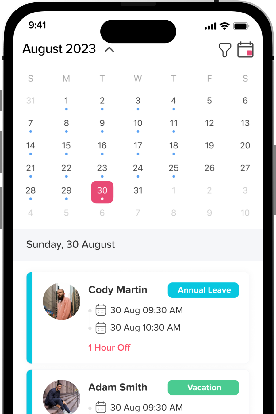 An illustration of Day off dashboard from the mobile point of view and the pending requests od some employees.