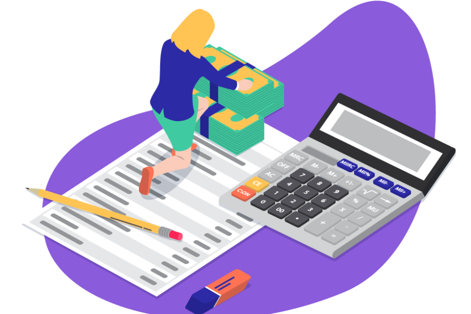 The image is an isometric illustration depicting a financial or accounting theme. It features a person standing on a large sheet of paper that resembles a financial statement or report, with text lines and columns. The person is handling a stack of money or green boxes tied with a blue ribbon. Next to the person and the paper is a large calculator, suggesting calculations and financial management. A pencil and an eraser are also present, emphasizing the act of recording and correcting financial data. The background is primarily purple, giving the illustration a vibrant and modern look.