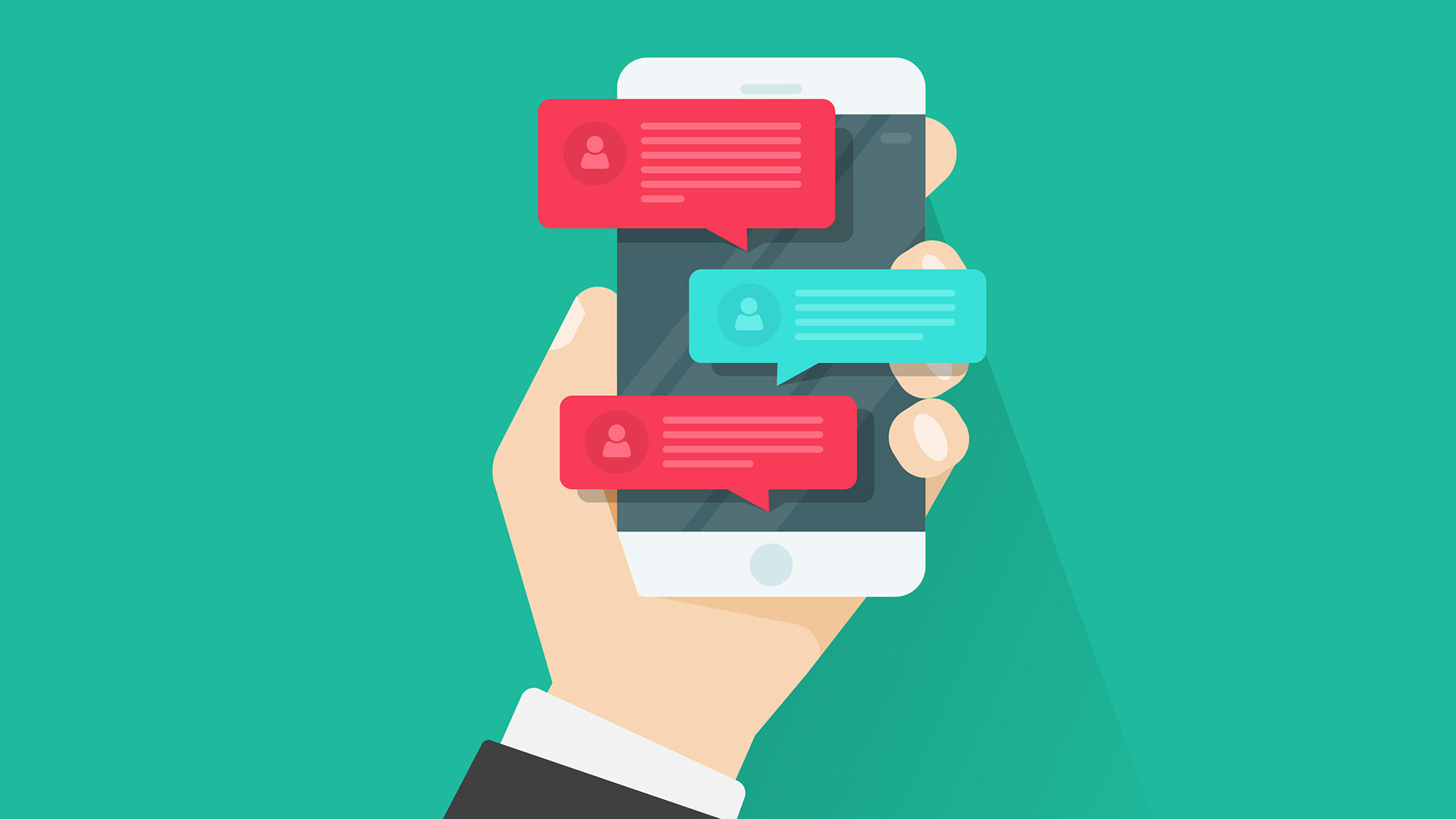 An illustration of a hand holding a smartphone with several chat bubbles displayed on the screen. The chat bubbles are in red and blue, indicating a conversation. Each bubble contains text and a small user icon, suggesting a messaging app. The background is a solid teal color, providing a clean and simple backdrop for the focus on the phone and chat bubbles. The hand is dressed in a suit sleeve, indicating a professional context.