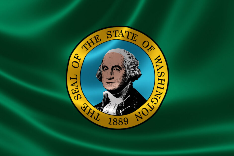 3D rendering of the flag of Washington on satin green texture.