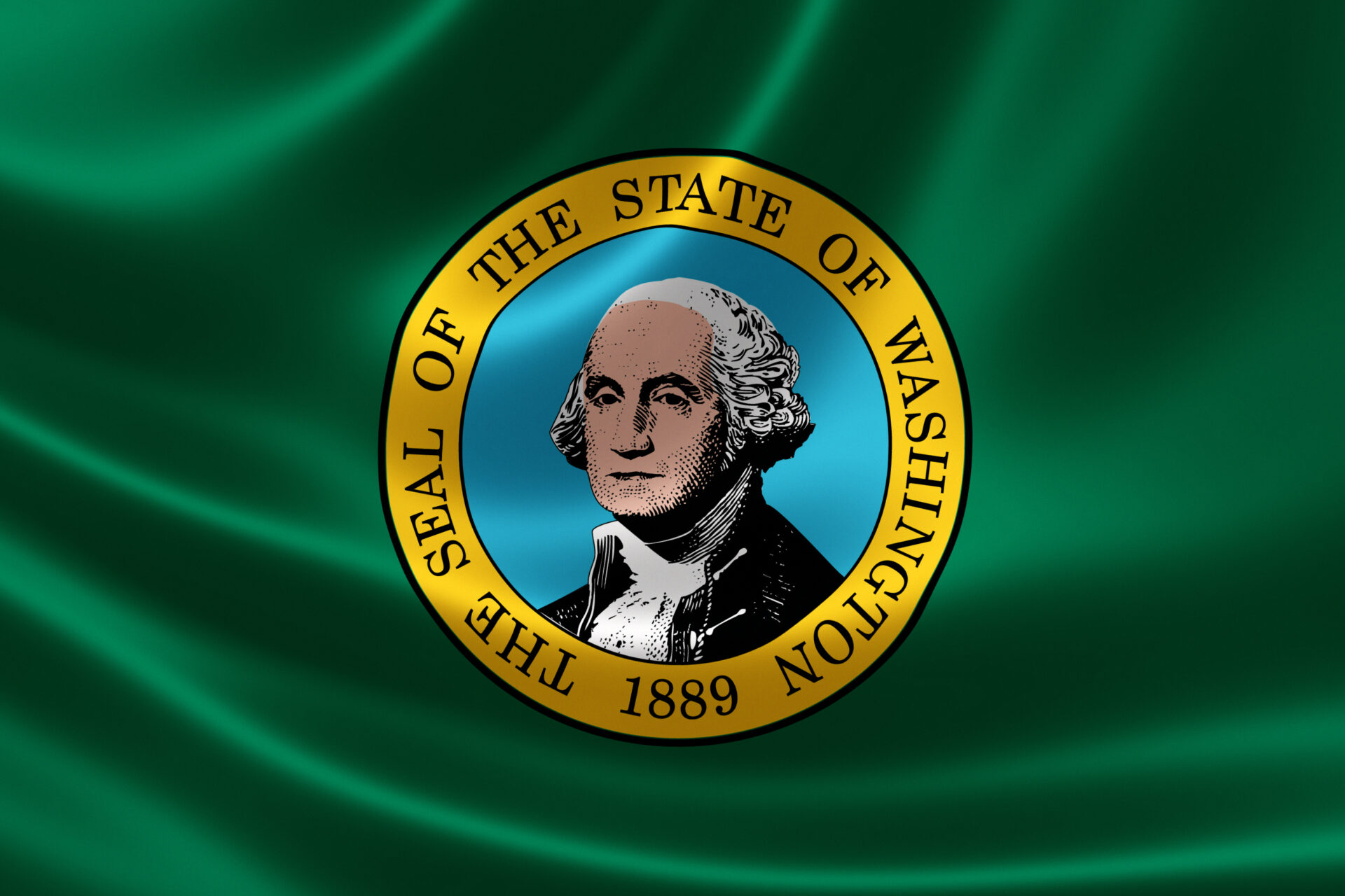 3D rendering of the flag of Washington on satin green texture.