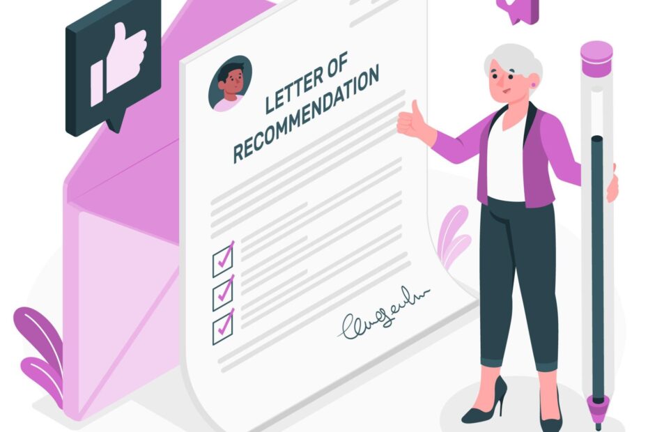 A femal employee standin in front of a huge recommendation letter with a huge pencil in her hand