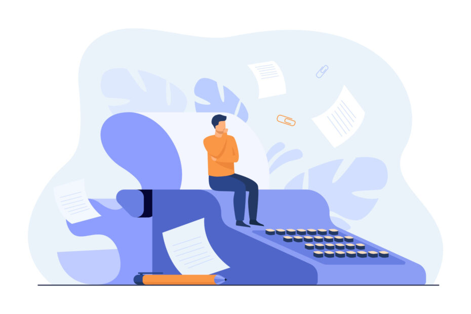 Tiny screenwriter sitting on retro typewriter, thinking screenplay while paper drafts flying around author. Vector illustration for creative job, book or story writing concept