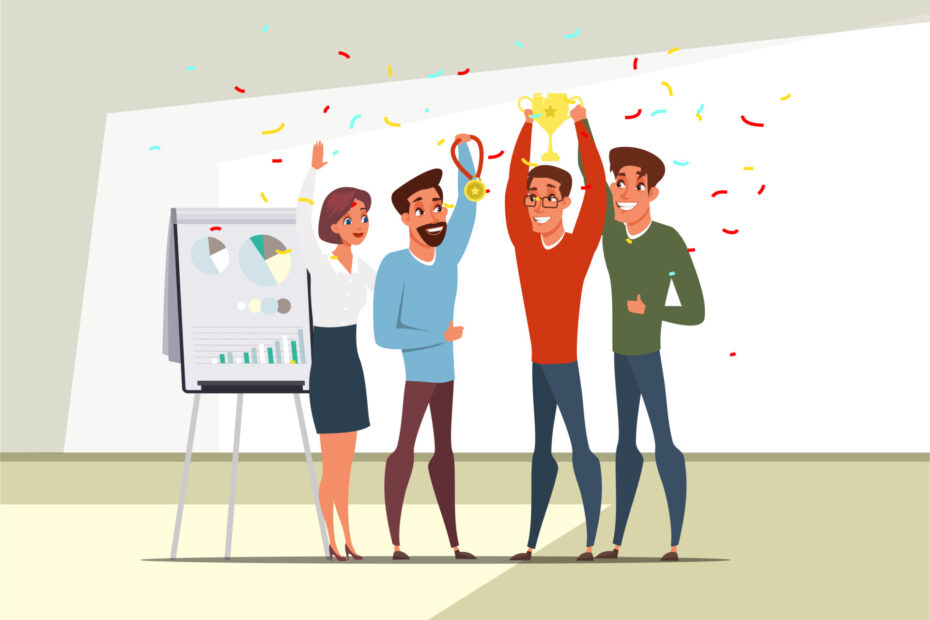 Award winner characters team. Leader, careerist holding golden trophy, happy contestant with prize.