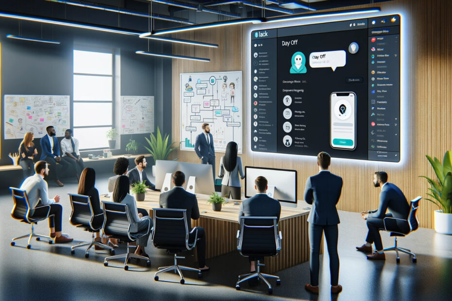 A-modern-office-setting-showcasing-the-integration-of-Slack-with-a-fictional-application-named-Day-Off. -The-scene-includes-a-group-of-diverse-professionals.