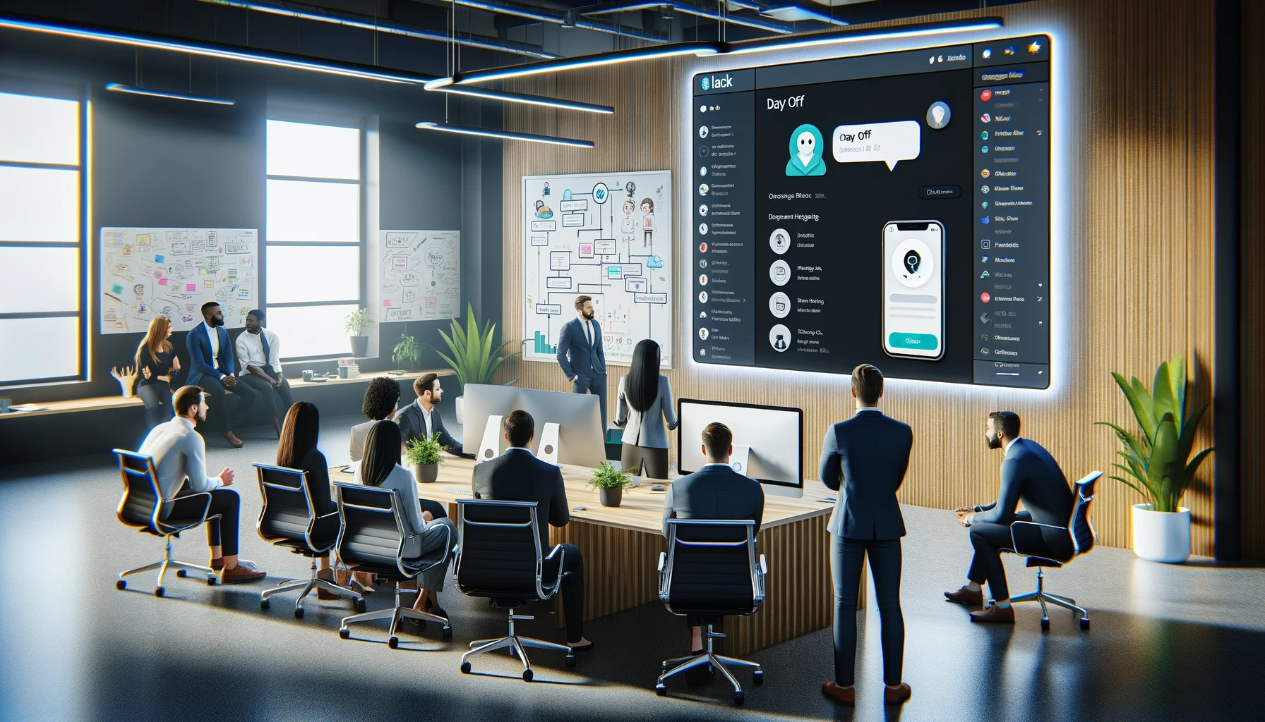 A-modern-office-setting-showcasing-the-integration-of-Slack-with-a-fictional-application-named-Day-Off. -The-scene-includes-a-group-of-diverse-professionals.