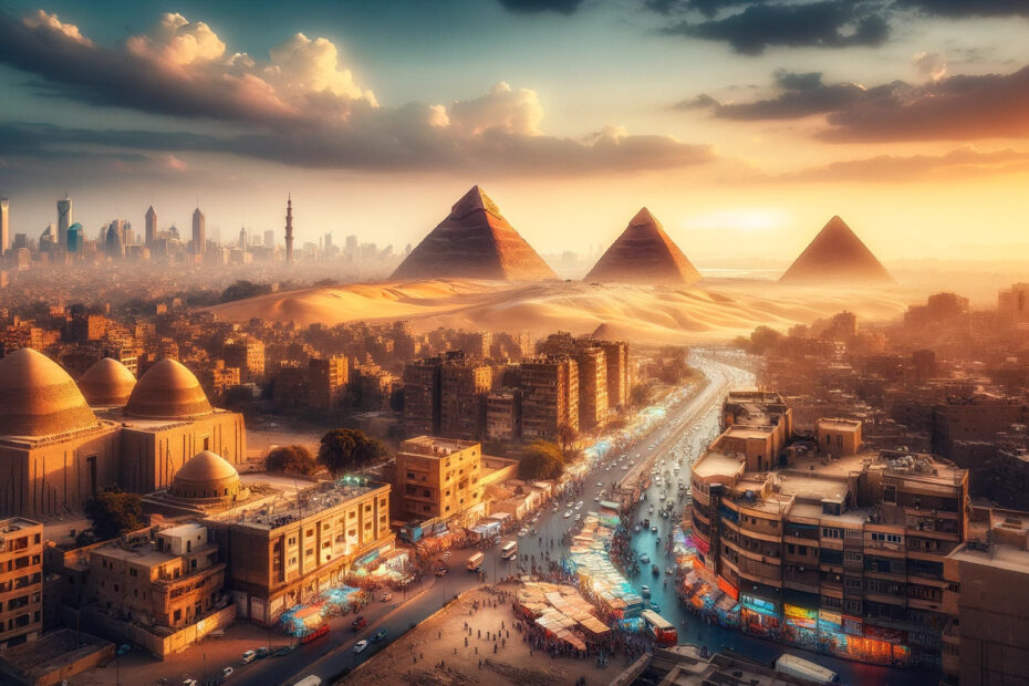 A-panoramic-view-of-Cairo-Egypt-showcasing-the-iconic-Pyramids-of-Giza-against-a-backdrop-of-the-city-skyline. -The-pyramids-are-bathed-in-the-golden- hour.