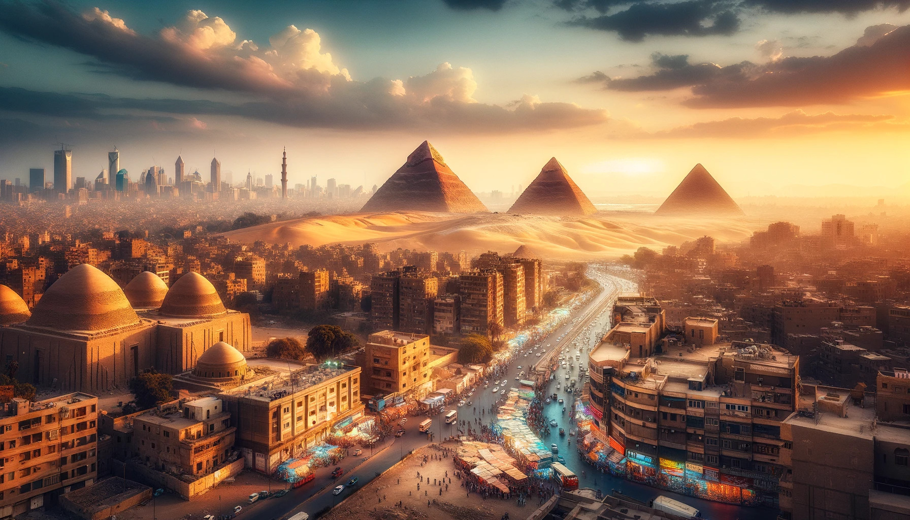 A-panoramic-view-of-Cairo-Egypt-showcasing-the-iconic-Pyramids-of-Giza-against-a-backdrop-of-the-city-skyline. -The-pyramids-are-bathed-in-the-golden- hour.