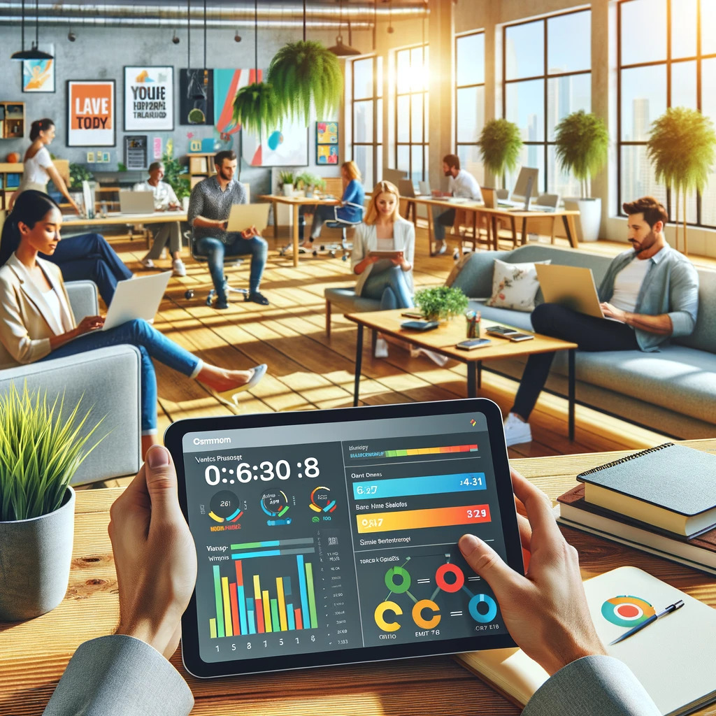 An-image-for-an-article-on-employee-vacation-tracking-tools-featuring-a-relaxed-and-cheerful-office-atmosphere.