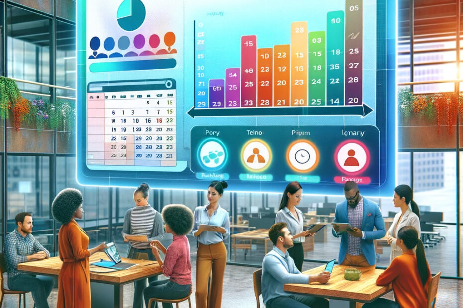 A-conceptual-illustration-showcasing-PTO-Paid-Time-Off-trackers.-The-image-features-a-modern-office-setting-with-a-large-digital-display-board-in-the-middle