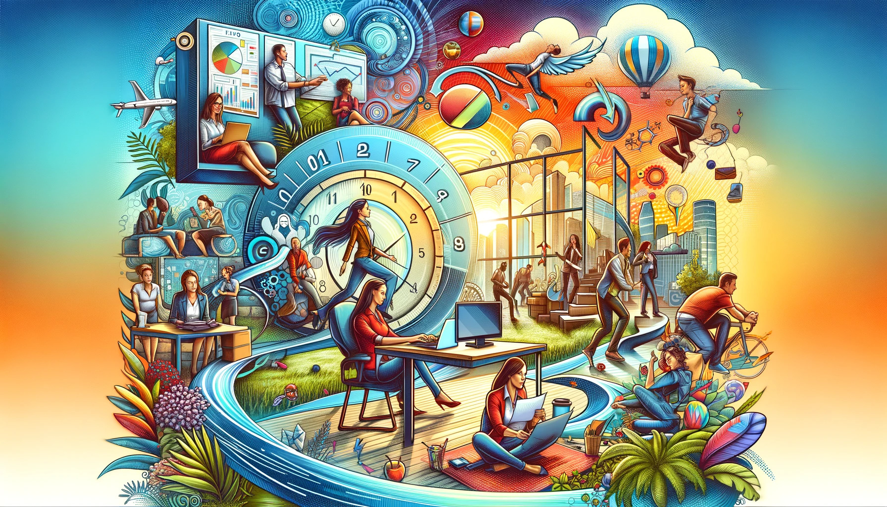 An-imaginative-and-colorful-digital-illustration-for-an-article-on-flexible-PTO-Paid-Time-Off-policies.