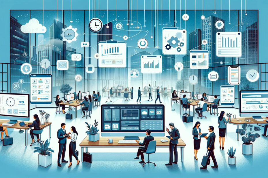 A-digital-illustration-for-an-article-about-the-best-tools-to-integrate-with-your-leave-tracking-tool.-The-image-should-depict-a-modern-office-environment..