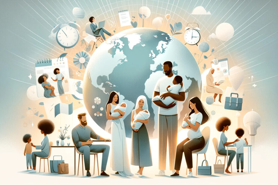 A-serene-and-light-colored-banner-for-a-blog-article-about-paternity-leave-policies-around-the-world. -The-design-should-include-a-globe-diverse-families.