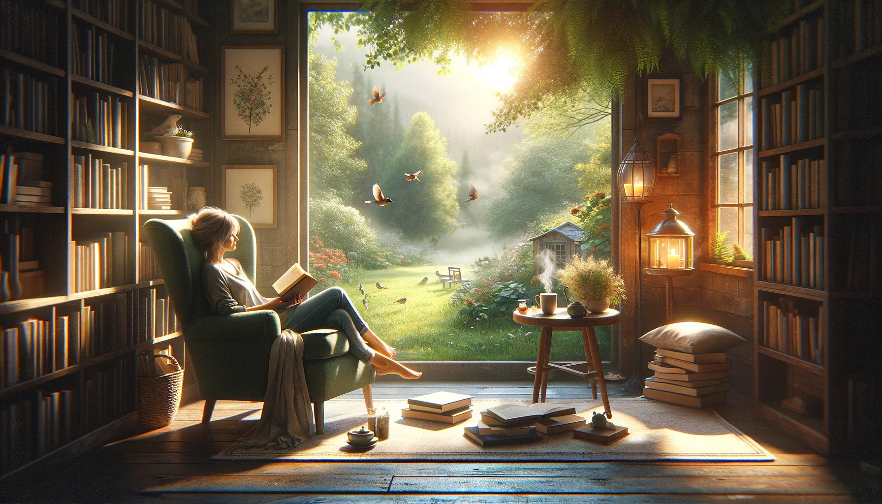 A-serene-peaceful-setting-capturing-the-essence-of-a-perfect-day-off.-The-scene-includes-a-cozy-reading-nook-with-a-comfortable-armchair
