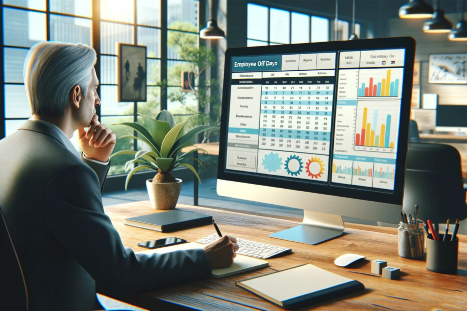 An-office-setting-with-a-large-computer-screen-displaying-a-sophisticated-software-interface-for-tracking-employee-off-days. -The-screen-shows-a-calender.