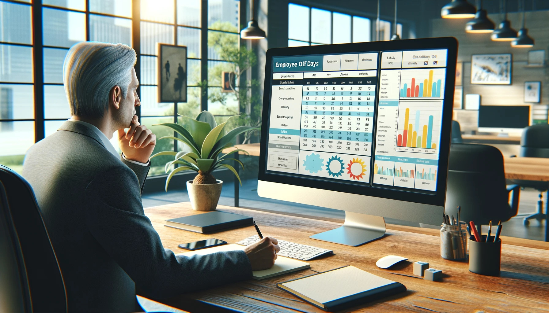 An-office-setting-with-a-large-computer-screen-displaying-a-sophisticated-software-interface-for-tracking-employee-off-days. -The-screen-shows-a-calender.