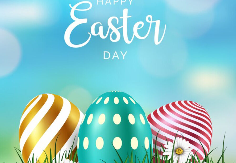 An image of three colored eggs to celebrate Easter.