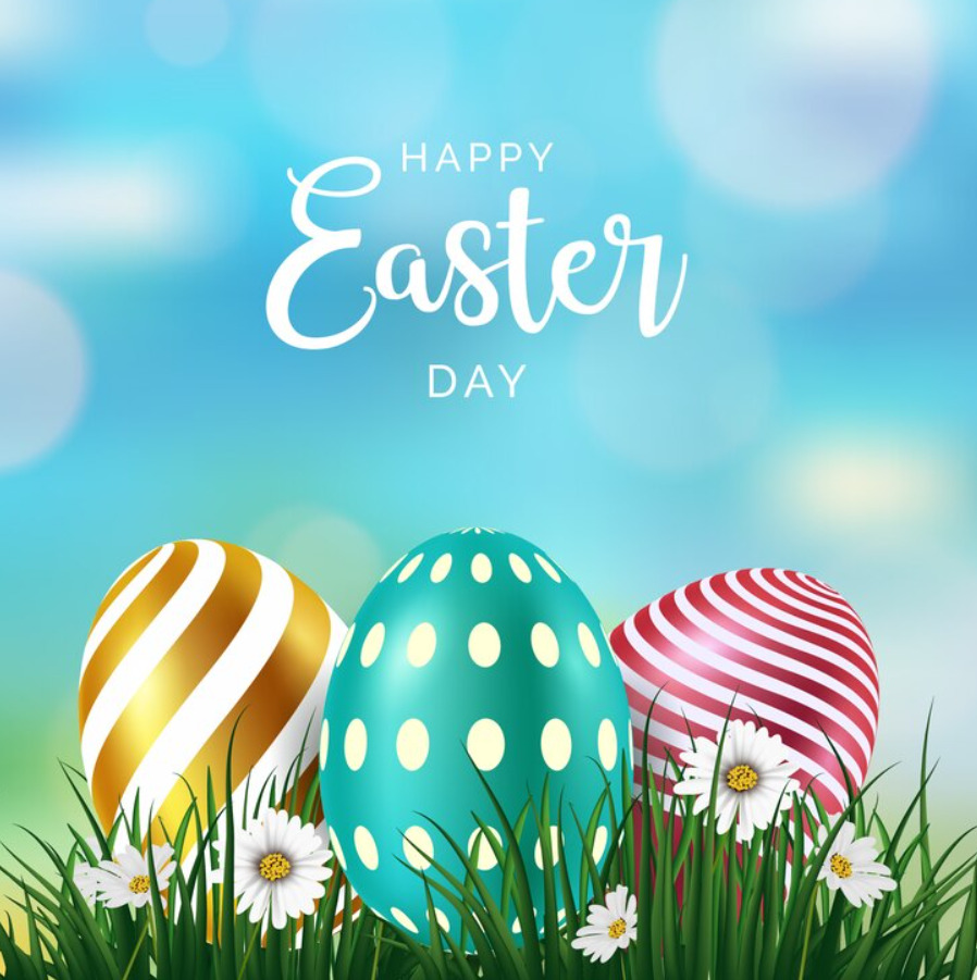 An image of three colored eggs to celebrate Easter.