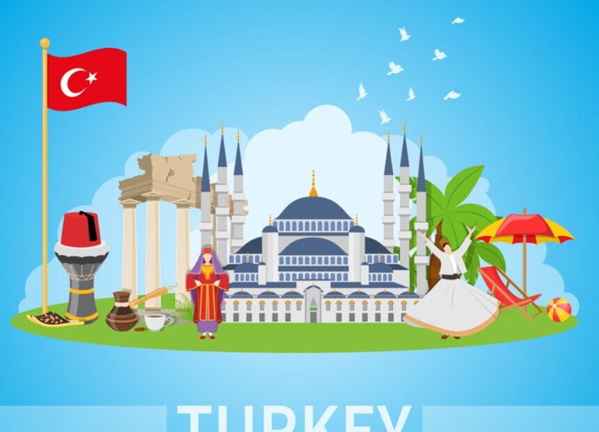 An image of the most known landscapes in Turkey with its flag flying in the air.
