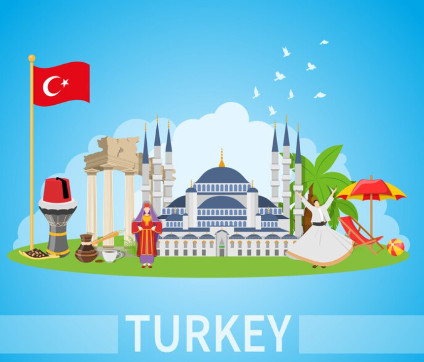 An image of the most known landscapes in Turkey with its flag flying in the air.