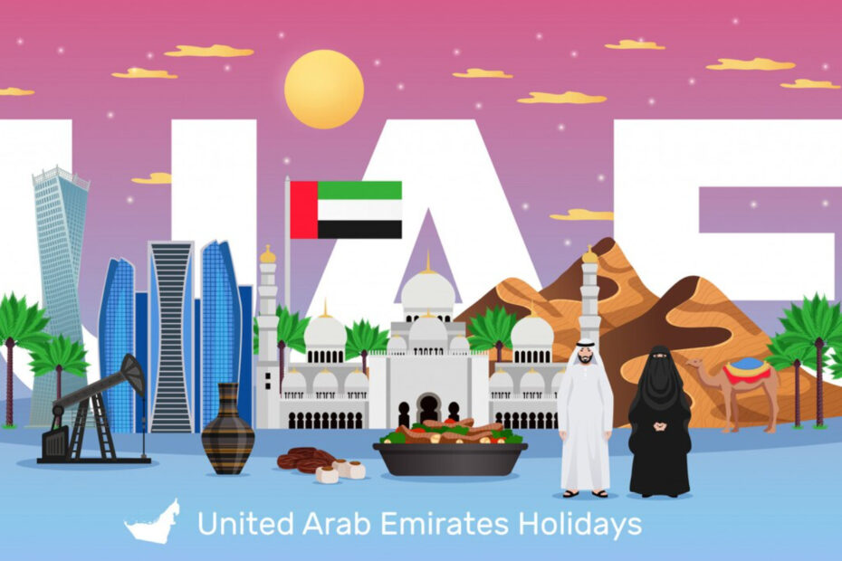 An image showcasing some of the most famous landmarks in the United Arab Emirates, with the word UAE as the background.