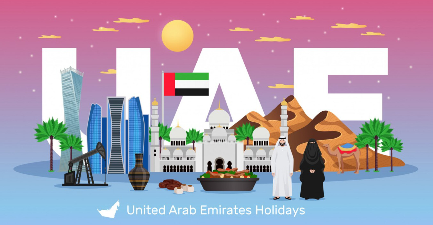 An image showcasing some of the most famous landmarks in the United Arab Emirates, with the word UAE as the background.