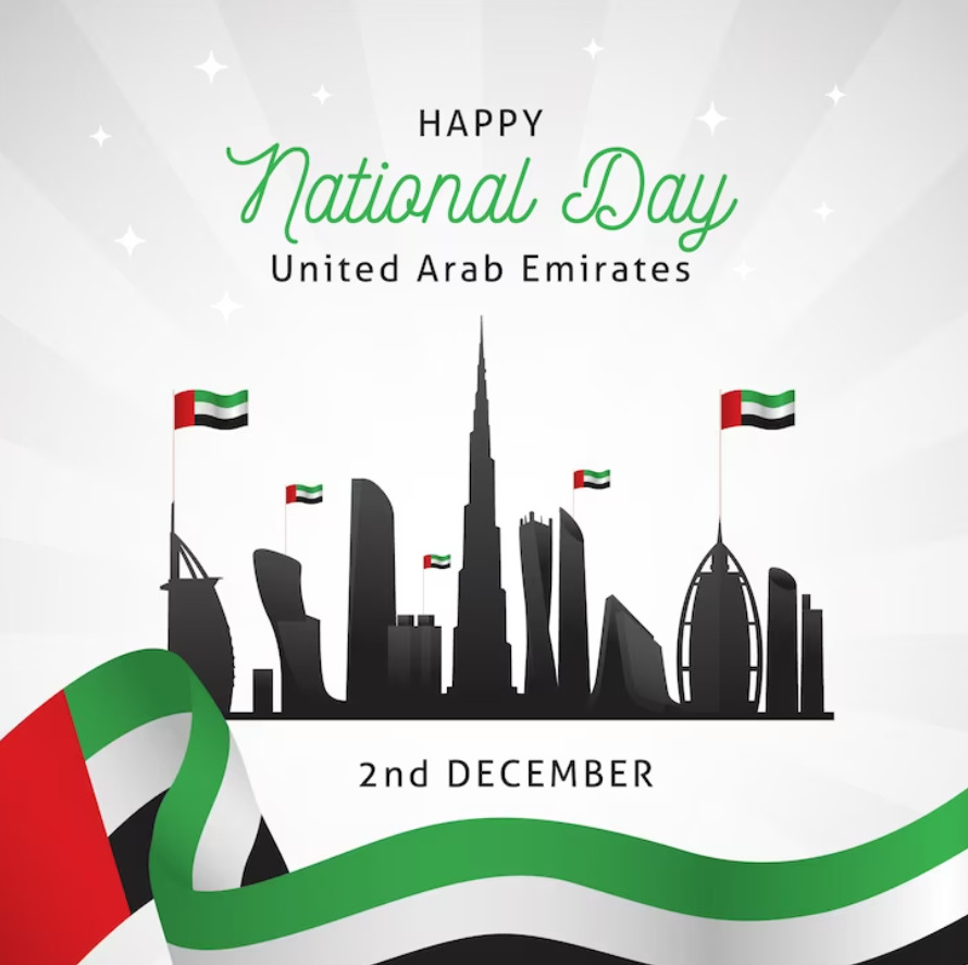 An image showcasing some of the most famous landmarks in the United Arab Emirates, such as the Burj Khalifa in Dubai, the Sheikh Zayed Grand Mosque in Abu Dhabi, and the stunning dunes of the Arabian Desert. The UAE flag waves prominently in the foreground, symbolizing national pride.