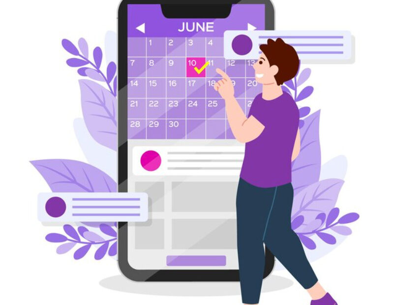 an image of an employee standing in front of a huge phone case with application to track employees' time off open in the mobile phone.