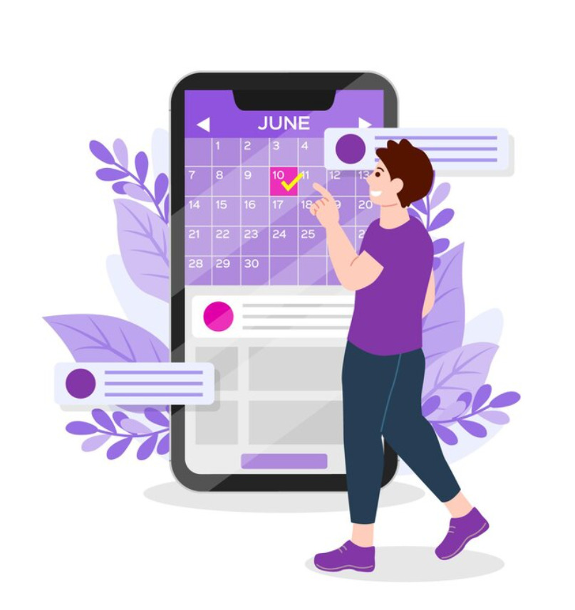an image of an employee standing in front of a huge phone case with application to track employees' time off open in the mobile phone.