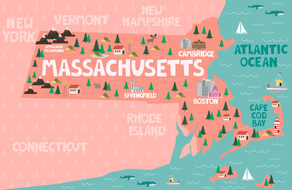 An image of Massachusetts on the map