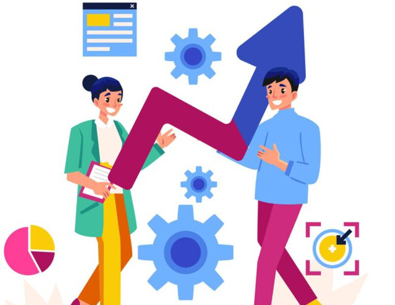 An image of two employees facing each other and the female employee is holding an arow that goes up