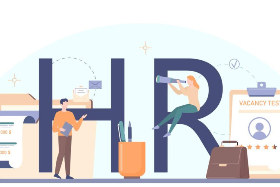 An image of the abbreviation HR as the background of an employee and some documents near him