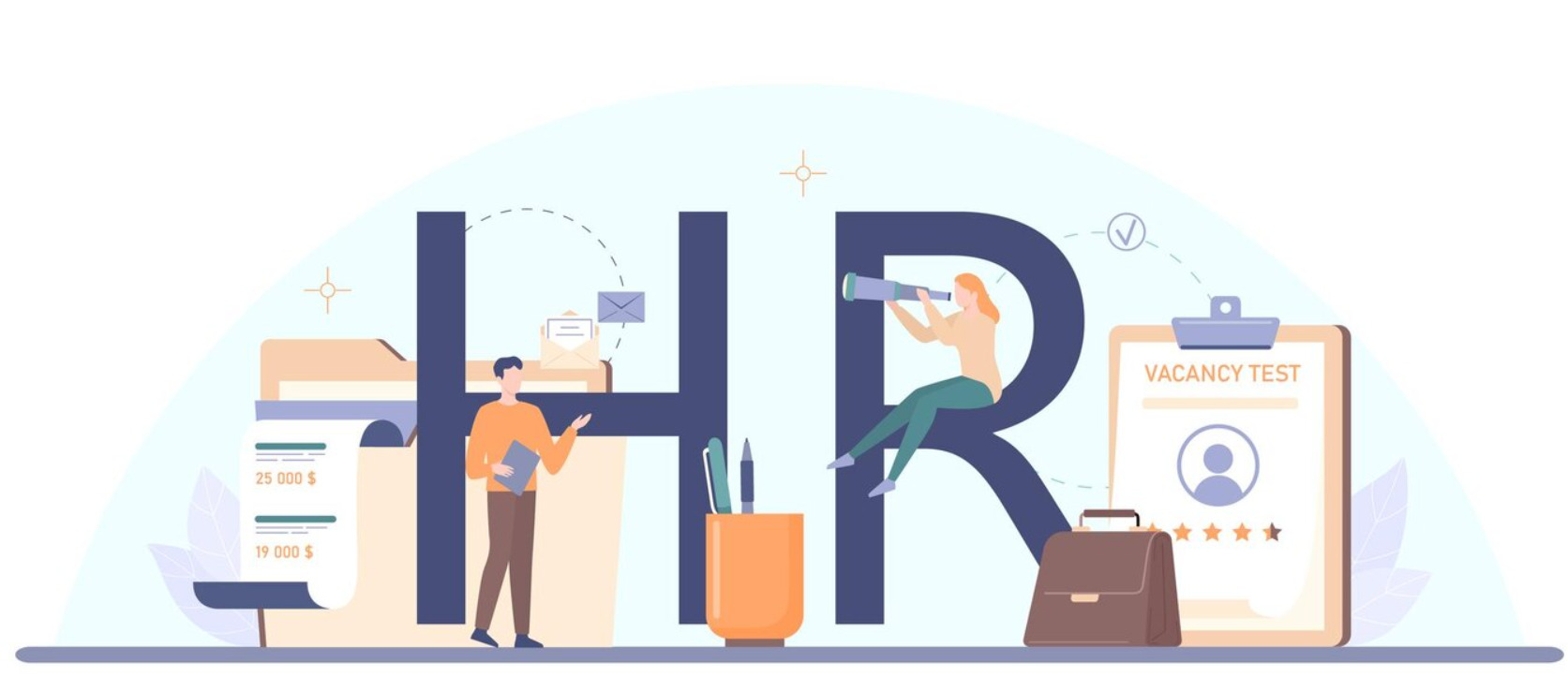 An image of the abbreviation HR as the background of an employee and some documents near him
