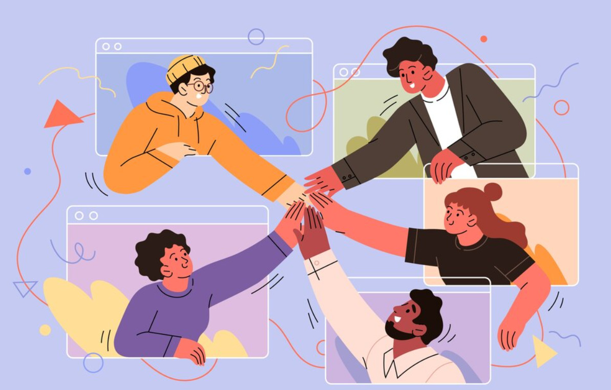 An image of five different employees holding hands to show team unity and employee engagement.