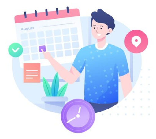 And employee standing in front of a calendar to explain how to manage his vacation days from work.