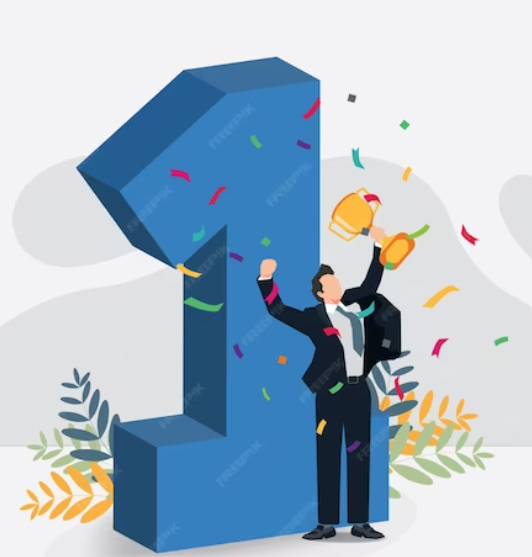 An image of tiny employee that is celebrating in front of a huge number one to explain that he is celebrating completing one-year at his job.