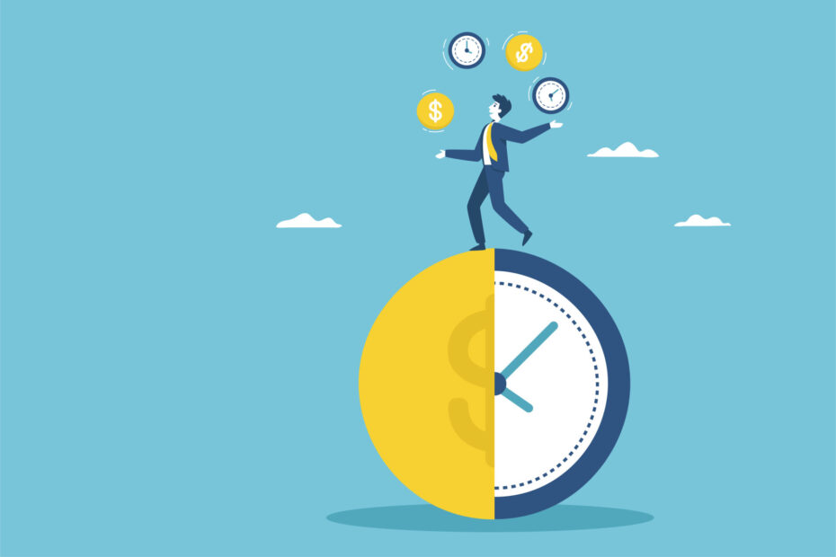 A businessman balances money and time according to his business plans.