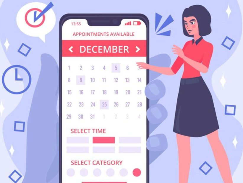An image of a femal employee standing beside a huge mobile case with a calendar app open on the phone