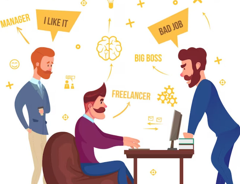 An image depicting an employee receiving a negative review from a senior boss while simultaneously receiving a compliment from his direct manager, illustrating a complex workplace interaction. The setting shows the employee in the middle