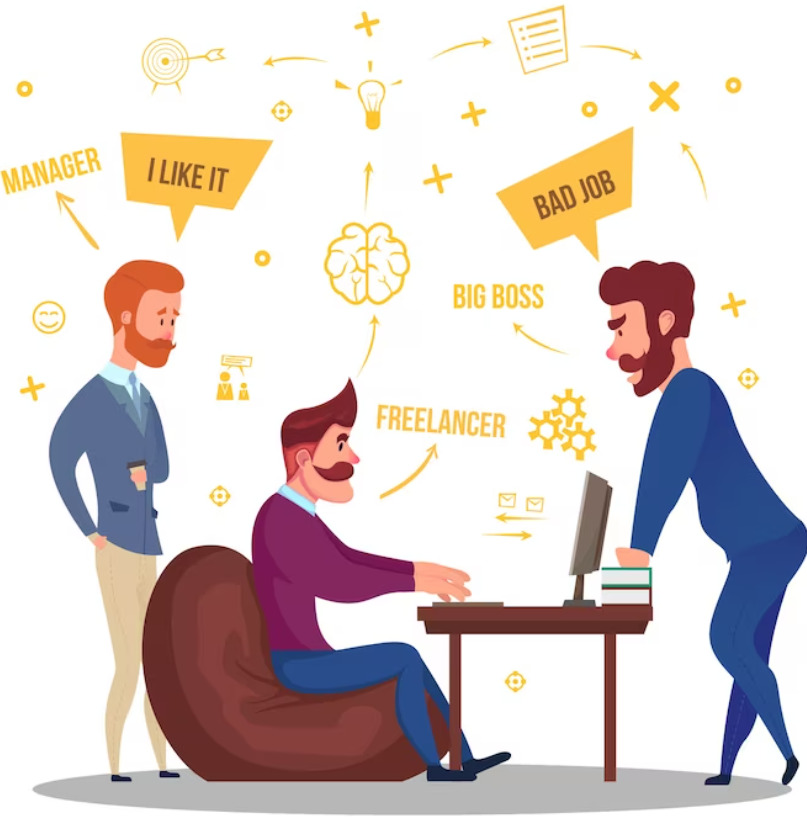 An image depicting an employee receiving a negative review from a senior boss while simultaneously receiving a compliment from his direct manager, illustrating a complex workplace interaction. The setting shows the employee in the middle